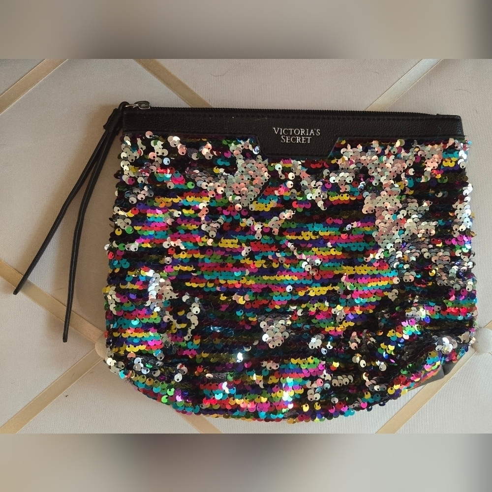 3/$20 Victoria Secret Black Multicolor Sequin Pouch Make Up Bag